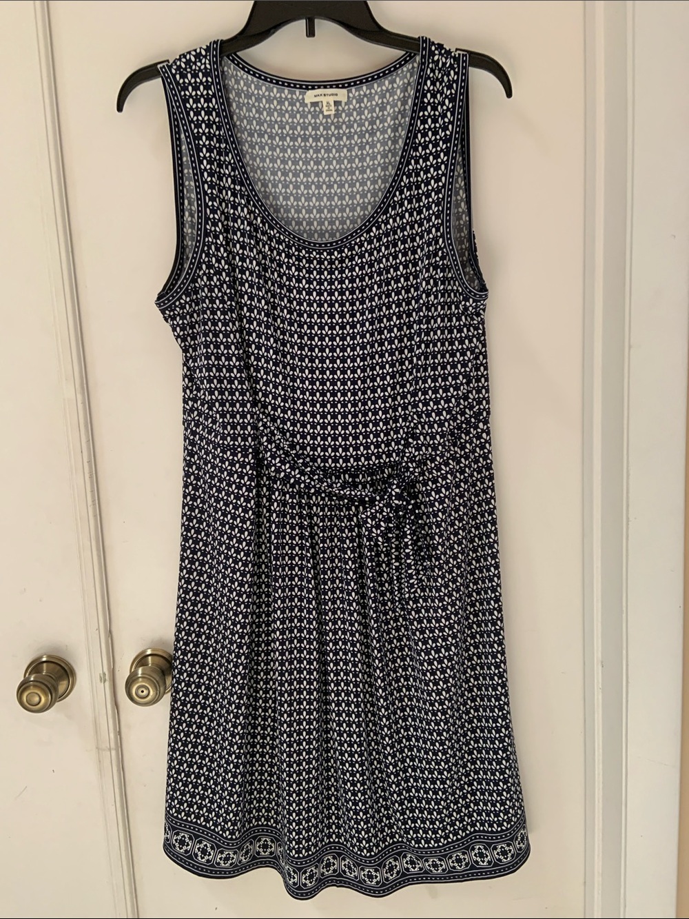 Max Studio Navy and White Sleeveless Midi Dress with Tie Waist